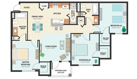 Floor plan for 3 beds, 2 baths, 1240 sqft